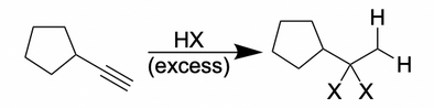 <p>A geminal dihalide (2X) is produced</p>
