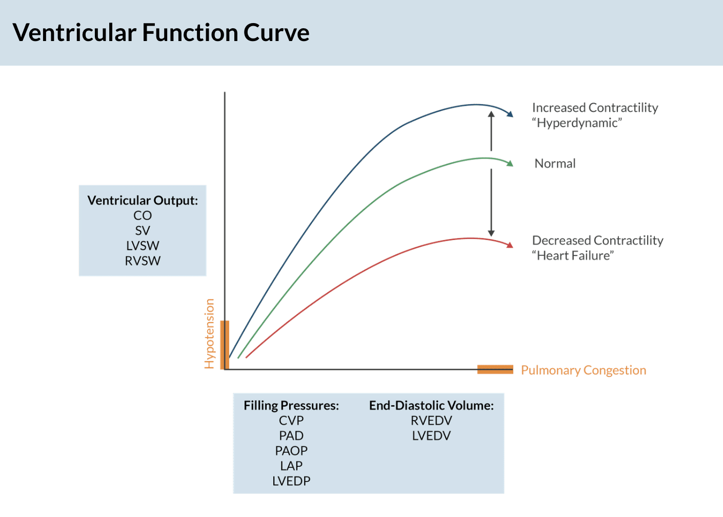 <p>Filling Pressures:</p><p>-CVP</p><p>-PAD</p><p>-PAOP</p><p>-LAP</p><p>-LVEDP</p><p>End Diastolic Volume:</p><p>-RVEDV</p><p>- LVEDV</p>