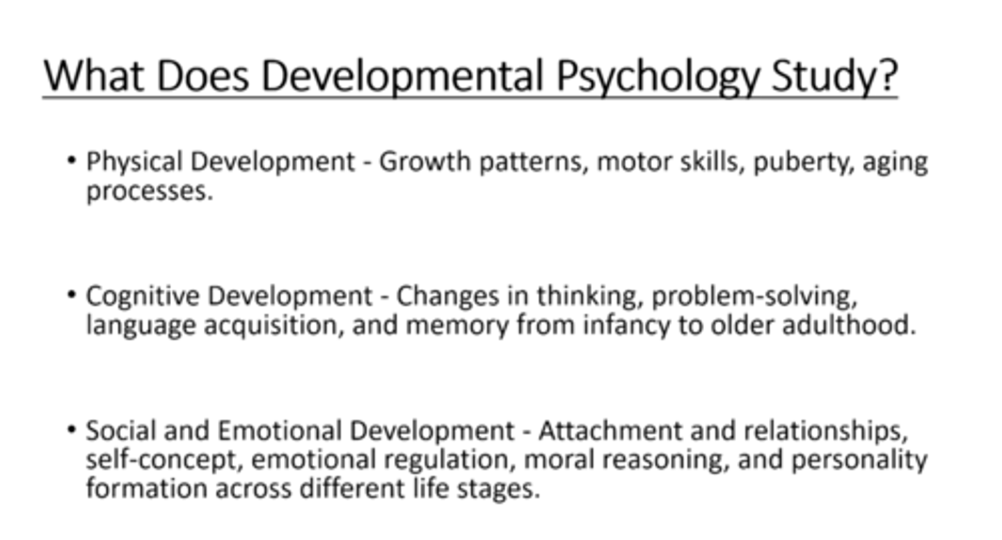 <p>how people grow, change and adpat throughout their lifespan</p>