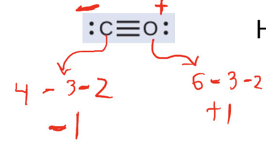 <p>Formal charge = valence electrons - lines(bonds) - dots (electrons)</p>