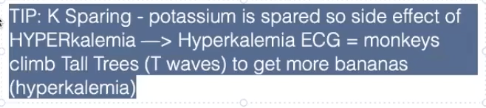 <ul><li><p>potassium-sparing diuretic</p><ul><li><p>Spironol<strong><em>actone</em></strong> (Ald<strong><em>actone</em></strong>)</p></li></ul></li><li><p>mechanism</p><ul><li><p>similar to loop diuretics, but acts on the distal convoluted renal tubule</p></li><li><p>does NOT collect potassium , so potassium stays in the body</p></li></ul></li><li><p>side effects</p><ul><li><p>similar to others (OH, dizziness, etc.) but <strong><em><u>+ hyperkalemia</u></em></strong>, gynecomastia (anti-androgen) </p></li></ul></li><li><p>use</p><ul><li><p>CHF, HTN, combined with other drugs causing hypokalemia</p><ul><li><p>use this specifically if the patient already has low potassium - should not take loop diuretics </p></li></ul></li><li><p>do not give them bananas</p></li></ul></li></ul><p></p>