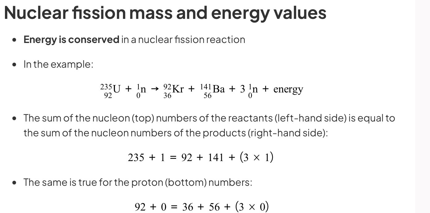 <ul><li><p>The mass of the products is <strong>less</strong> than the mass of the original nucleus</p><ul><li><p>This is because the remaining mass has been converted into <strong>energy, </strong>which is released during the fission process</p></li></ul></li></ul><p></p>