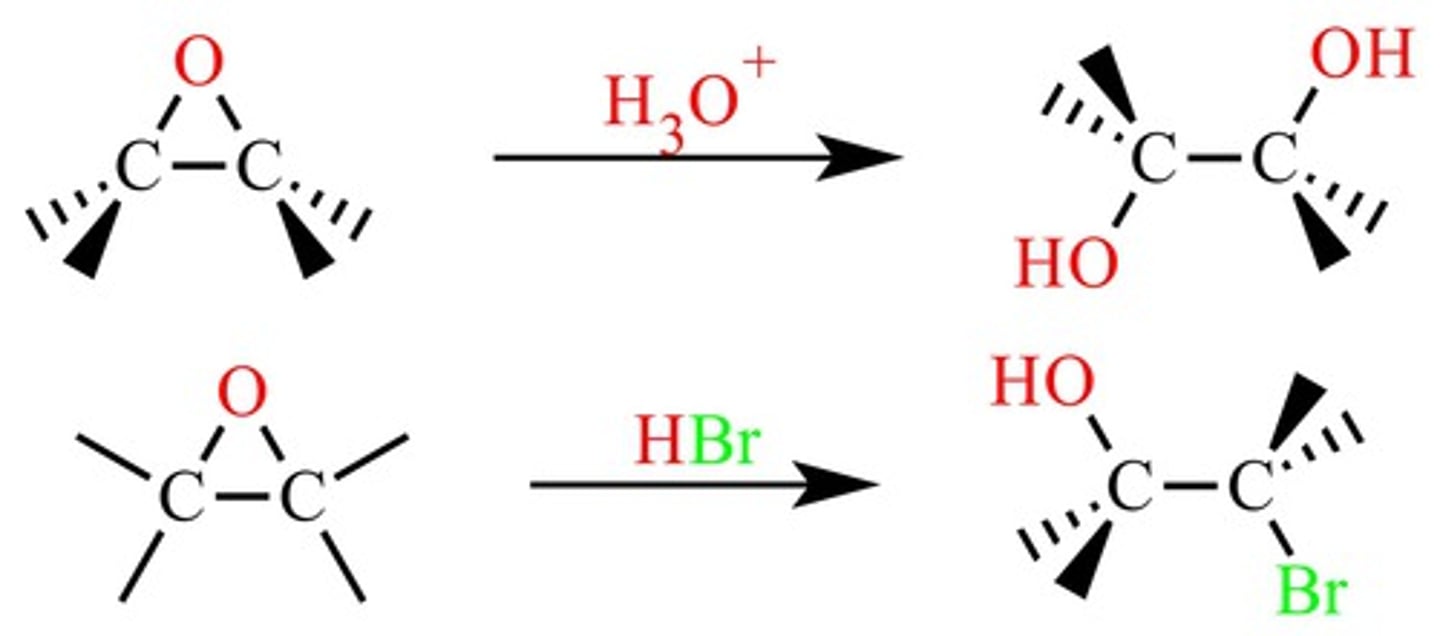 <p>Epoxide -&gt; SN1 w/ HX (halogen attaches to tertiary C)</p><p>trans</p>