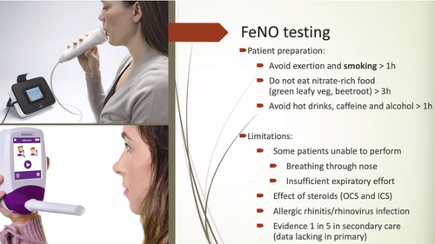 <p>- Some pts won't perform: breathing through nose/insufficient expiratory effort.</p><p>- OCS/ICS use.</p><p>- Allergic rhinitis.</p><p>- More reliable when it is high.</p>