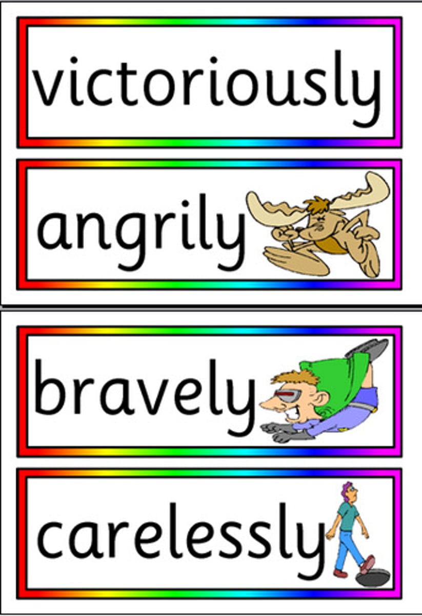 <p>Describes a verb, adjective, or another adverb.</p><p>Adverbs typically express manner, place, time, frequency, degree, level of certainty, etc., answering questions such as how?, in what way?, when?, where?, and to what extent?.</p><p>ex: quickly, barely, tomorrow, near, here</p><p>Tend to en in -ly</p>