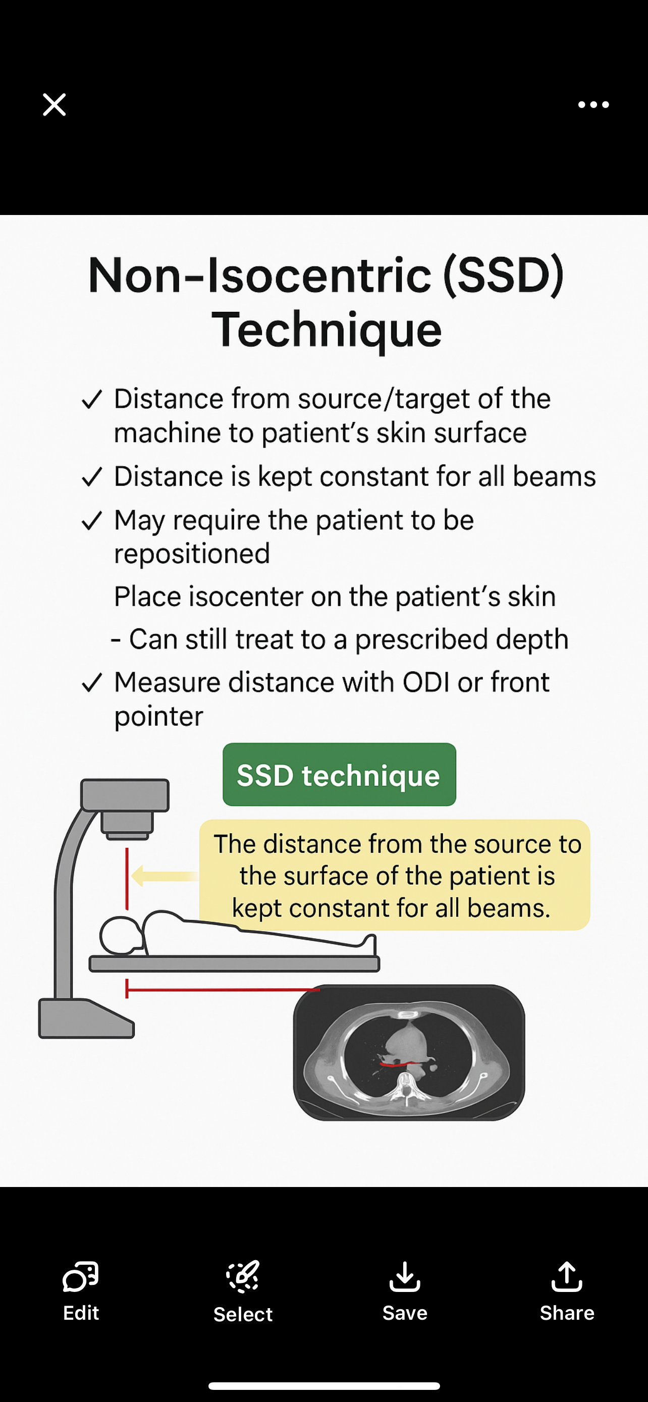 <p>Not established at axis of the beam</p><p></p><ul><li><p><span>SSD = Source-to-Skin Distance</span></p></li><li><p><span>You keep the distance from the machine to the patient’s skin the same for every beam.</span></p></li><li><p><span>This means:<br></span></p><ul><li><p><span>The patient may need to be moved for different beam angles.</span></p></li><li><p><span>The isocenter is placed on the skin, not inside the body.</span></p></li><li><p><span>You still deliver dose to a certain depth—just calculated differently.</span></p></li></ul><p></p></li></ul>