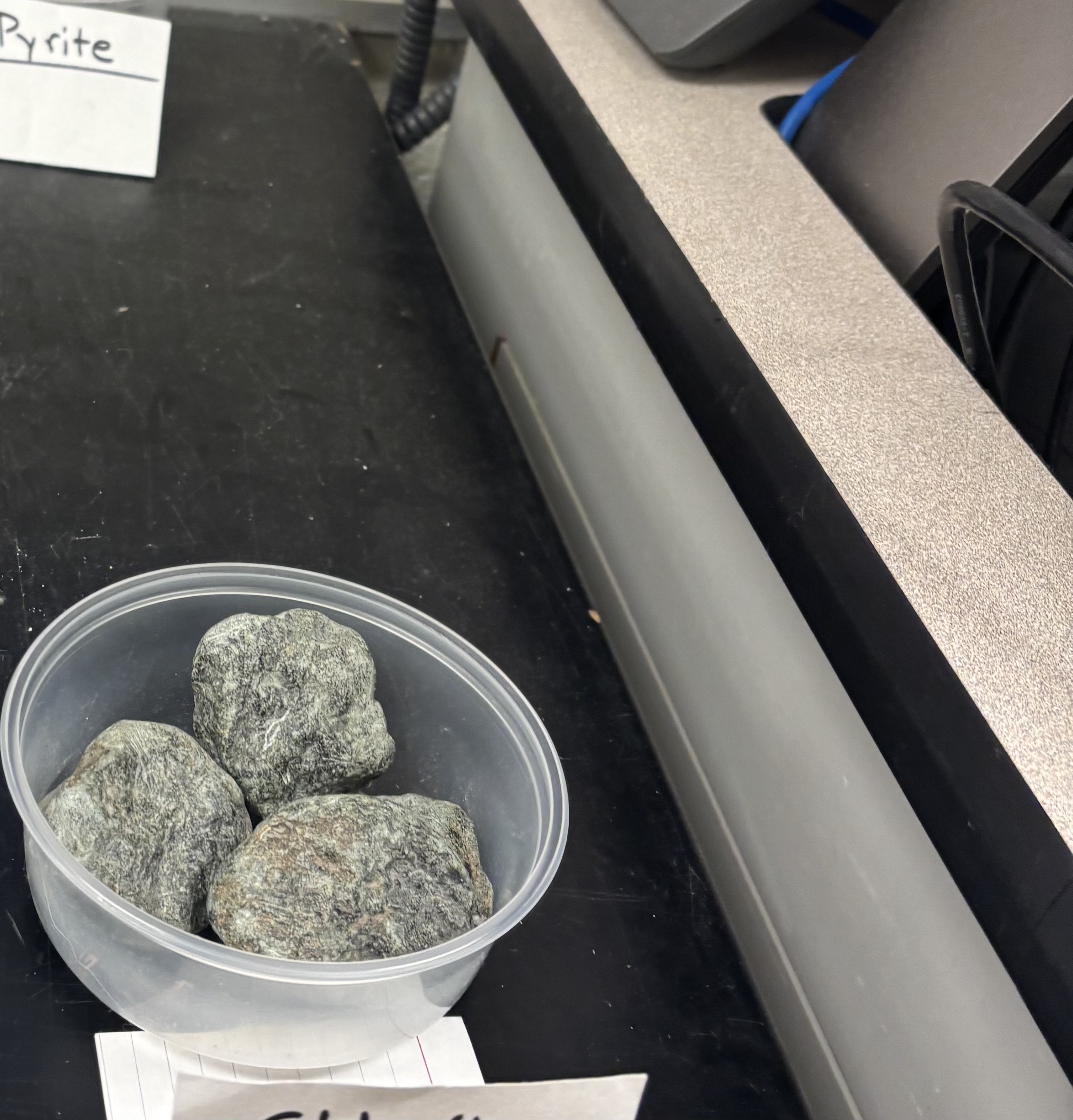 <p>Green flaky mineral; forms during low-grade metamorphism of mafic rocks; gives greenish color to schists.</p>