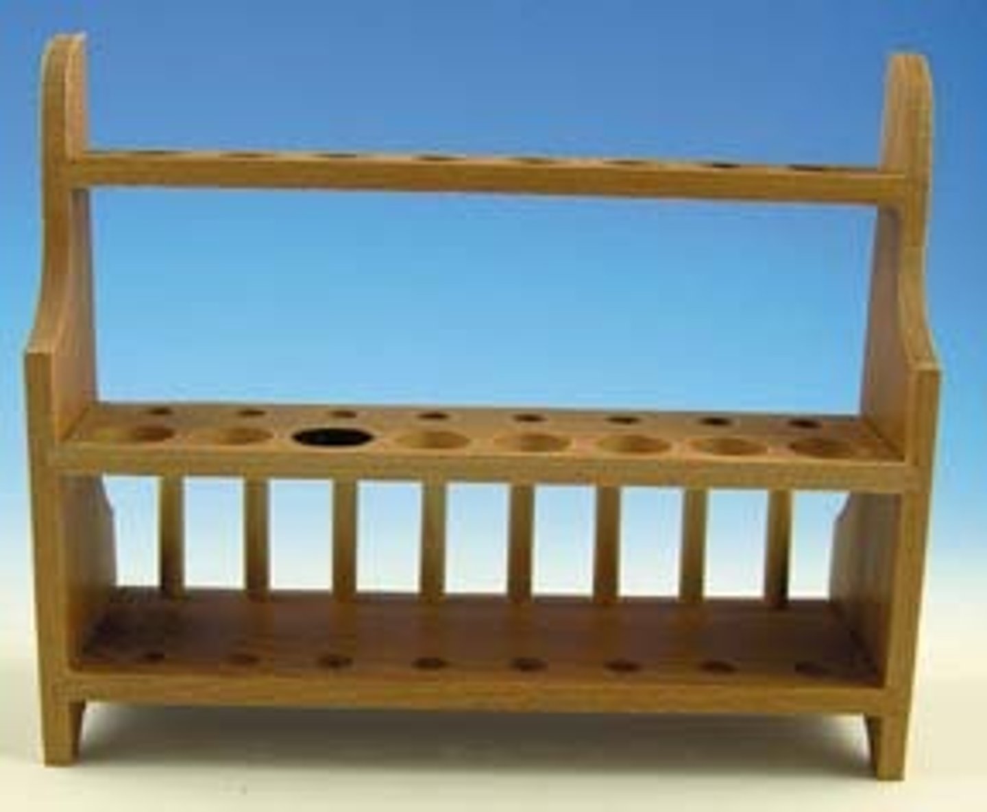 <p>A wooden stand used to hold test tubes of various sizes.</p>