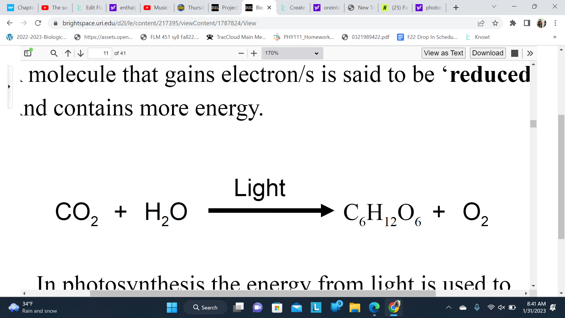 A molecule that gains high energy electron/s is said to be ‘reduced’ And contains more energy

\
In photosynthesis the energy from light is used to ‘reduce’ the Carbon in CO2 to C6H12O