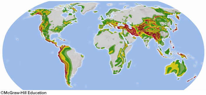 In the map below, areas of significant earthquake risk are shaded. Most high risk areas will be located