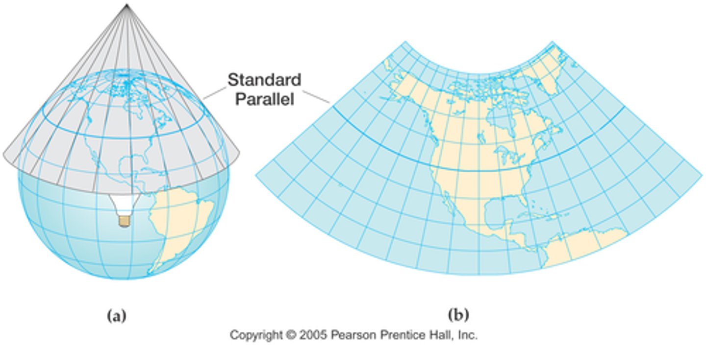 <p>map made by projecting points and lines from a globe onto a cone.</p>