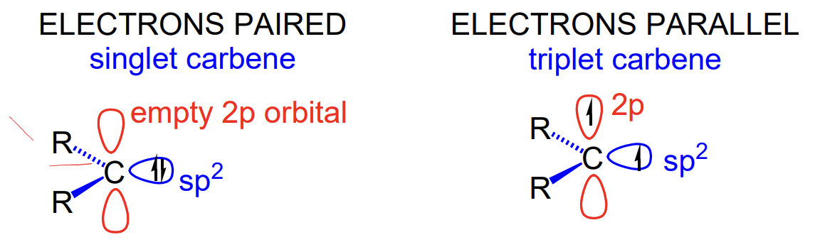 <p>neutral sp2 carbons with 2 non-bonding electrons</p><p>two types: </p><ul><li><p>singlet = non-bonding electron pair in sp2 orbital </p></li></ul><p>= empty orbital = Lewis acid</p><ul><li><p>triplet = 1 electron in sp2 orbital, 1 electron in p orbital</p></li></ul><p></p>