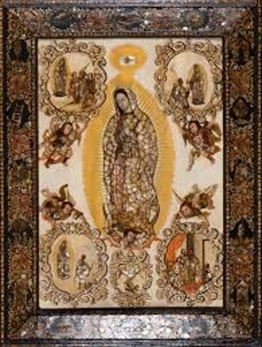 <p>Form:<br>-based upon the original<br>-oil on canvas on wood inlaid with pearls<br>Content:<br>-artist signature<br>-traditional view<br>-story of Juan Diego (Aztec man)<br>-roses with her image<br>-radiating light off Mary<br>-indigenous coming to Roman Catholic Church<br>-dark-skinned people portraits<br>FunctionL<br>-tribute to Mary and show her as divine<br>Context:<br>-1698 CE, Spanish Colonial<br>-Mexico City, Basiclia of Guadalupe<br>-artist: Miguel Gonzalez</p>