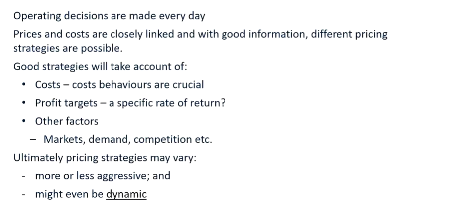 <p>Dynamic pricing: price changes depending on demand</p><ul><li><p><span>E.g. Uber</span></p></li></ul><p> </p><p>Seasonal prices:</p><ul><li><p><span>Ice cream</span></p><ul><li><p><span>In summer consumers are more willing to pay a premium price for ice cream</span></p></li></ul></li></ul><p> </p><p>These are all decisions made by management</p>