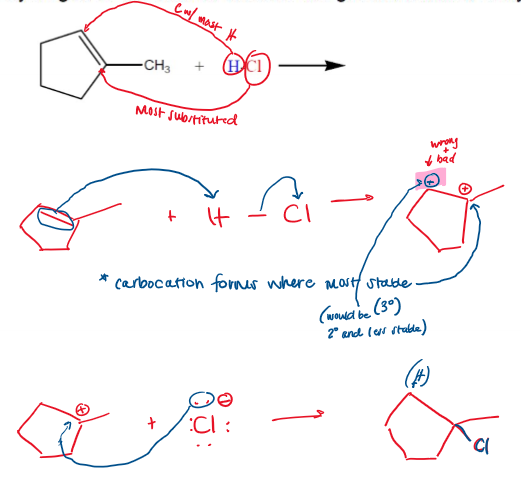<p>Carbocation always forms where it is most stable (tertiary > secondary > primary), this occurs through hydride shift. If chiral centers are generated, it is <strong>racemic</strong>. </p>