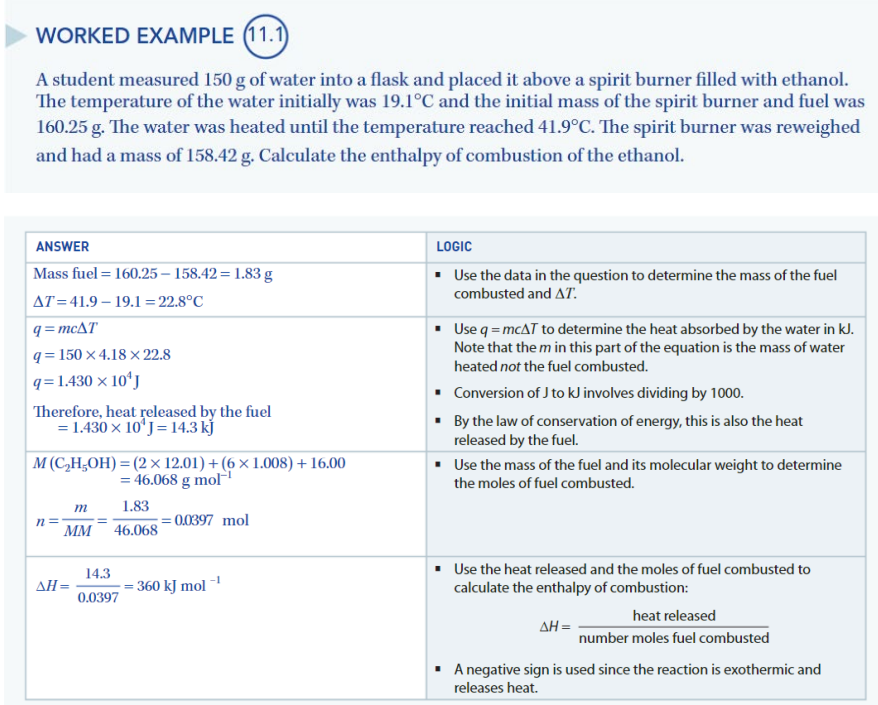 <p>measured using calorimetry and must be done under a few assumptions; </p><p>1. The products of combustion are only carbon dioxide gas and liquid water. (enthalpy change when water changes states) </p><p>2. The value for ∆H must be negative as all combustion reactions are exothermic</p><p>Uses q=mc∆t and ∆H= -q/n </p><p>where m is the mass of the water and n is the moles of fuel</p>
