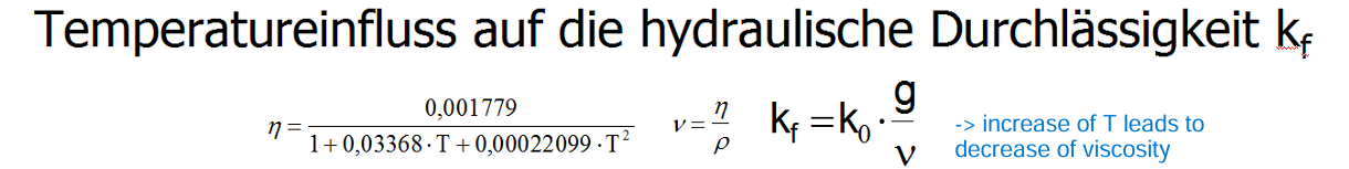 <p>considering:</p><ul><li><p>packing type (how much space is between the graines?)</p></li><li><p>Uniformity coefficient C<sub>u</sub>=d<sub>60</sub>/d<sub>10</sub>​​ → how uniform is the sample?</p></li><li><p>Coefficient of curvature C<sub>c</sub> = (d<sub>30</sub><sup>2 </sup>/ d<sub>60</sub>*d<sub>10</sub>)</p><ul><li><p>Soils are considered uniform if C<sub>u </sub>&lt; 4 and C<sub>c</sub> between 1-3</p></li><li><p>lower uniformity → higher dispersivity</p></li></ul></li><li><p>Temperature </p><ul><li><p>increase of T leads to decrease of viscosity, which again leads to increase of k<sub>f</sub></p></li></ul></li></ul><p></p>