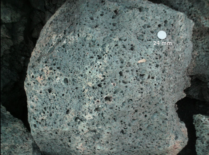 <p><strong>Mode of Cooling: Extrusive</strong></p><p><strong>Texture: Aphanetic</strong></p><p><strong>Mineral Composition: Mafic</strong></p><p><strong>Ex Note: Has visible air bubbles aka Vesicular</strong></p>