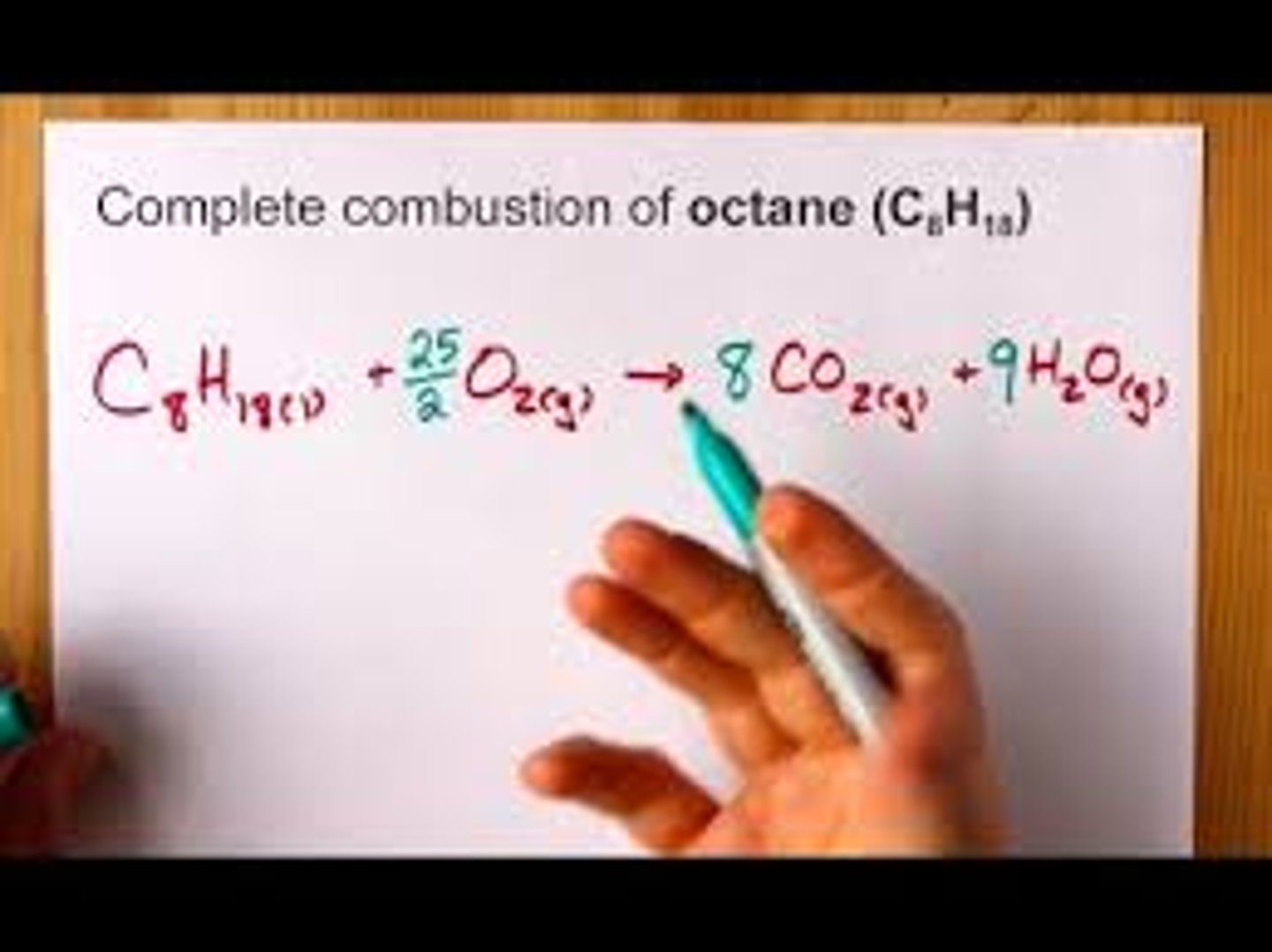 <p>complete combustion of octane C8H18</p>