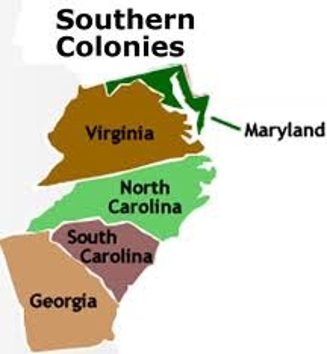 <p>Virginia, Maryland, North Carolina, South Carolina, Georgia</p><p>Maryland founded by Catholics fleeing religious persecution</p><p>Georgia was created for debtors (people who owed money)</p>