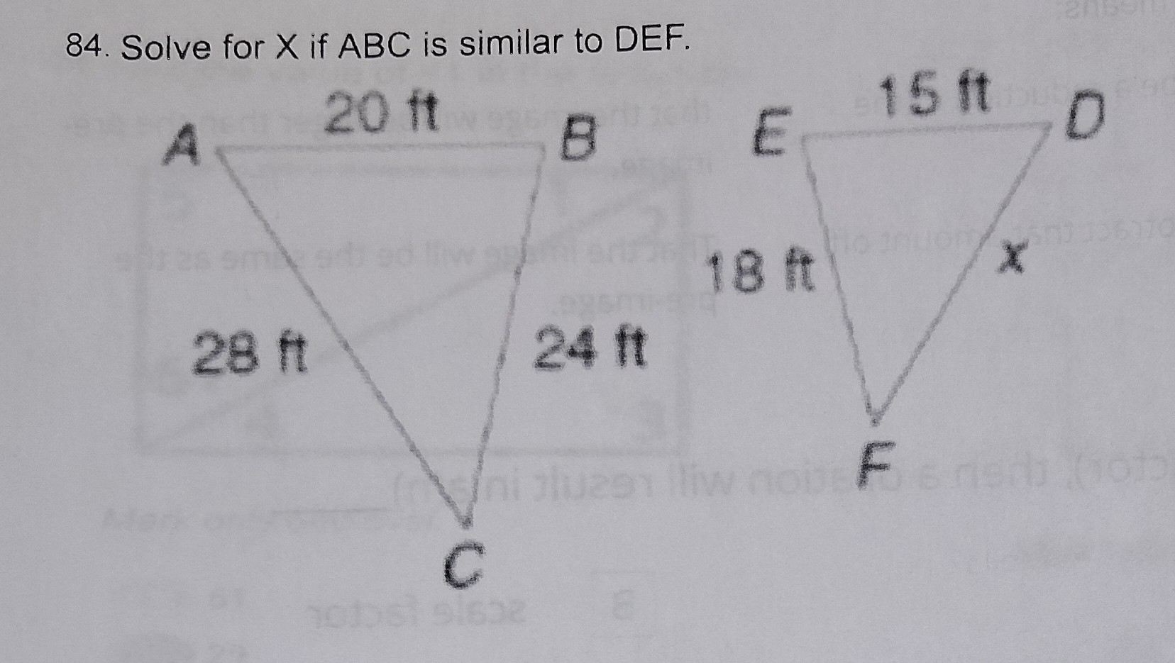 <p>Solve for X if ABC is similar to FEF </p>
