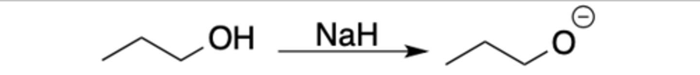 <p>Intermediate: none</p><p>Regiochemistry: N/A</p><p>Stereoselectivity: N/A</p><p>Reagent(s): NaH</p><p>- Turns OH into O^-</p>