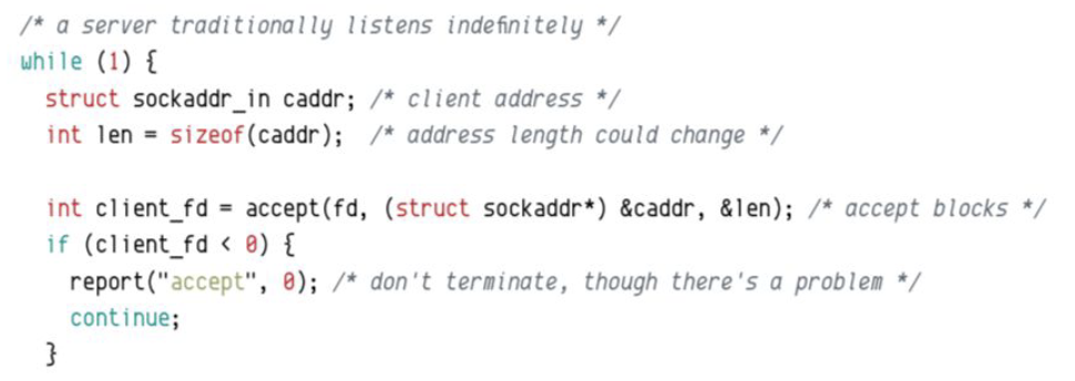 <ul><li><p><code>#include <sys/socket.h></code></p></li><li><p>accept a new connection to the socket</p></li><li><p><code>int accept(int socket, struct sockaddr *address, socketlen_t *address_len);</code></p></li><li><p>defaults to a <strong><em>blocking wait: </em></strong>the server will do nothing until a client attempts to connect and then it proceeds</p><ul><li><p>returns -1 if there is an error, otherwise it returns the file descriptor</p></li></ul></li><li><p>to cleanup a connection use:</p><ul><li><p><code>close(client_fd);</code></p></li></ul></li><li><p>when accept() succeeds, the server can then read a client request and respond to them with write:</p><ul><li><p><code>ssize_t read(int fildes, void buf, size_t nbyte, off_t offset);</code></p></li><li><p><code>ssize_t write(int fildes, const void buf, size_t nbyte);</code></p></li></ul></li></ul><p></p>