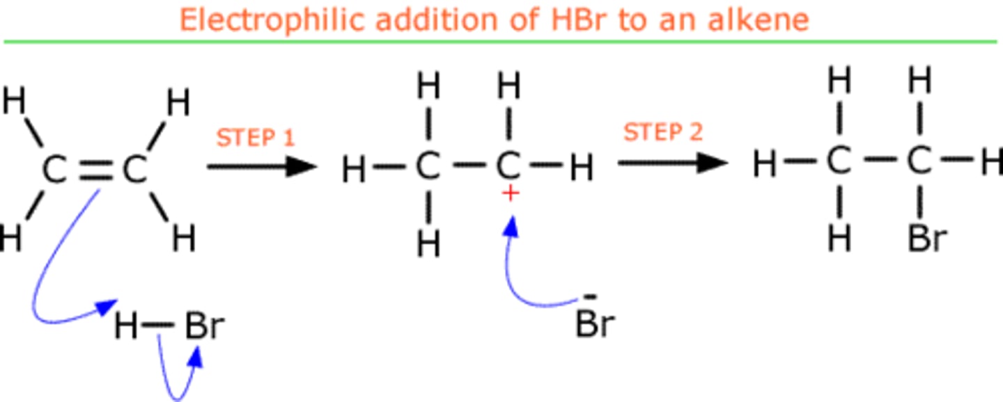 <p>electrophilic addition</p>