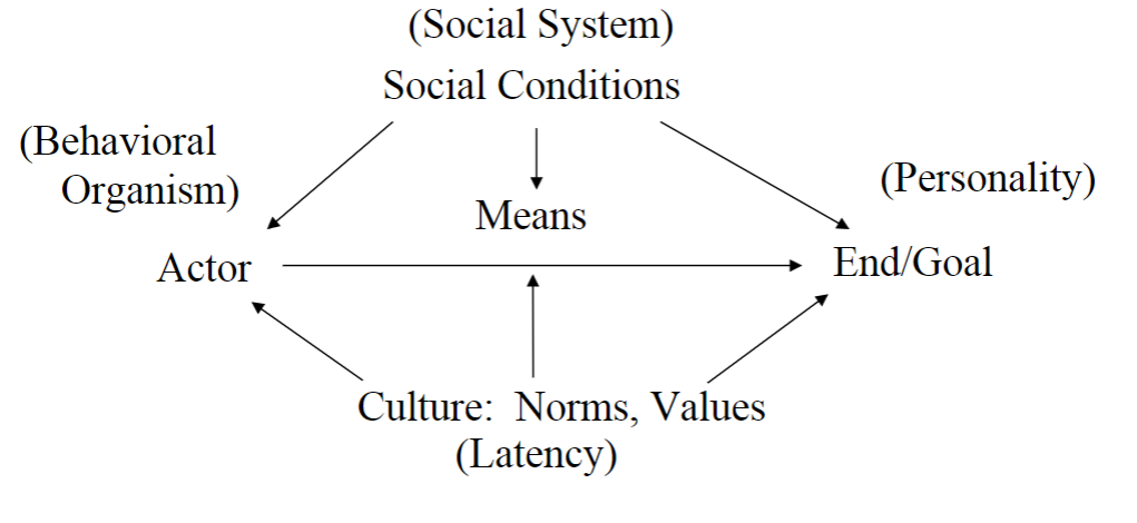 <p>actor = behavioral organism</p><p>goal = personality system</p><p>culture = cultural system</p><p>social conditions = social system</p>