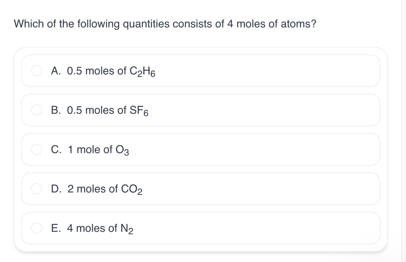 <p>Which of the following quantities consists of 4 moles of atoms?</p>