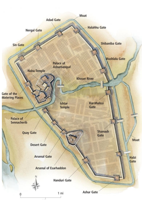 <ul><li><p>nature in column capitals</p></li><li><p>terrace gardens</p></li><li><p>southwest and north palace (palace overpowering temples?)</p></li></ul><p></p>