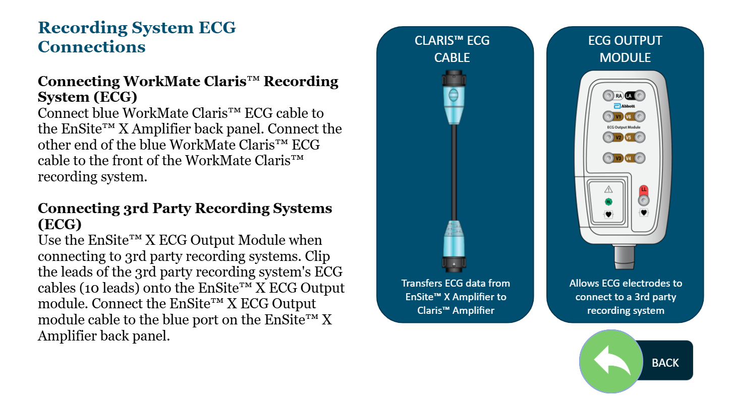 <ol><li><p>Claris: ECG data → Ensite X amplifier → blue WorkMate Claris ECG cable connects Ensite X Amplifier back panel (blue port) to WorkMate Claris front panel</p></li><li><p>3rd Party Recording: ECg data → Ensite X Amplifier → Ensite X ECG Output module cable connects Ensite X Amplifier back panel (blue port) to leads of the 3rd party recording system</p></li></ol><p></p>