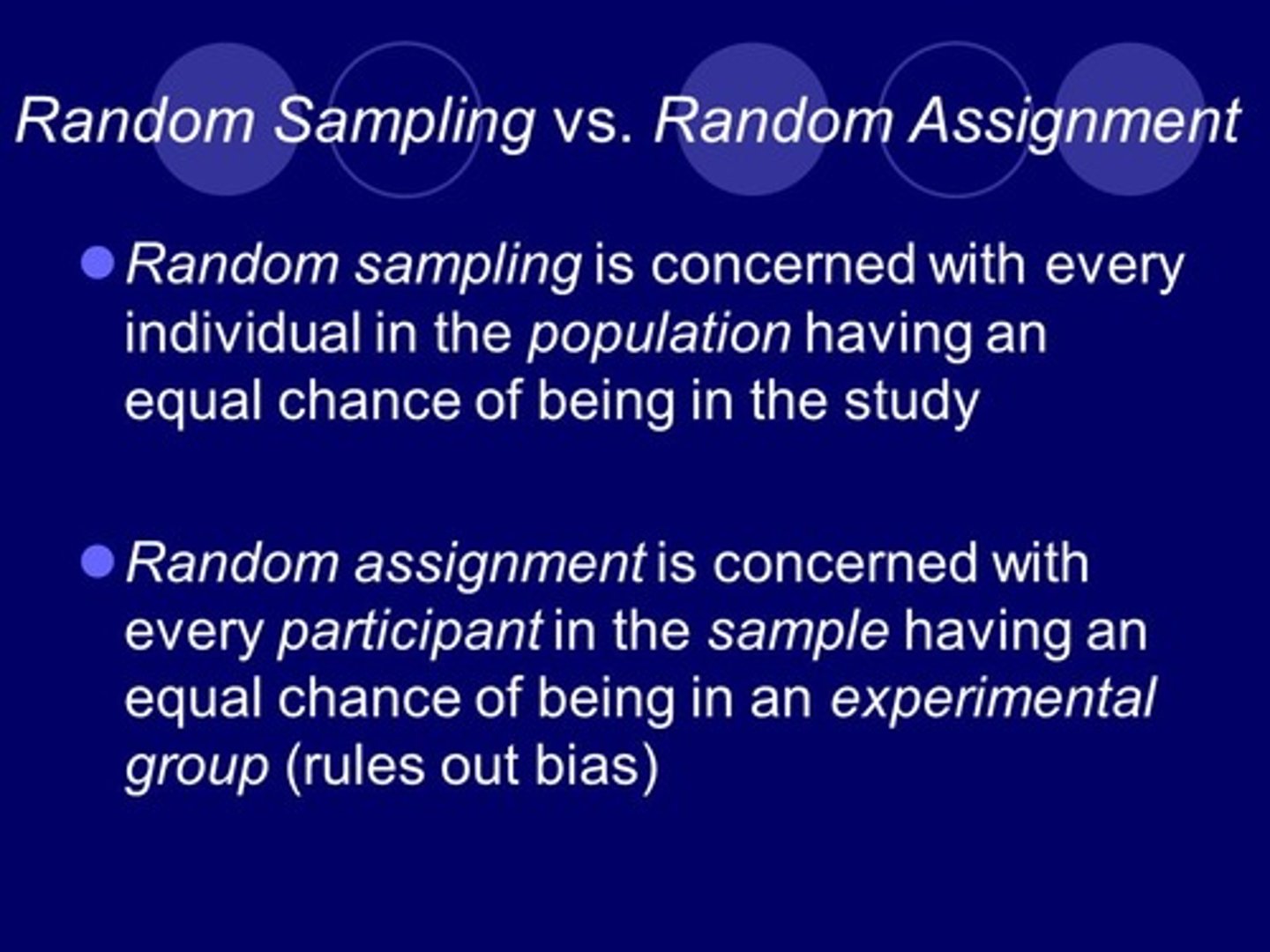 <p>Ensures participants have an equal chance to be assigned to any group or condition in a study</p>