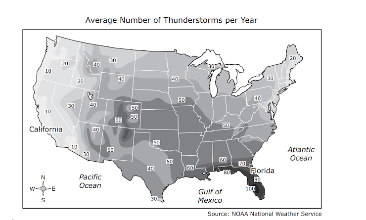 Thunderstorms are more common in certain areas than others. The map shows average number of thunderstorms per year in different parts of United States. Why are there significantly  more thunderstorms in Florida than in California?