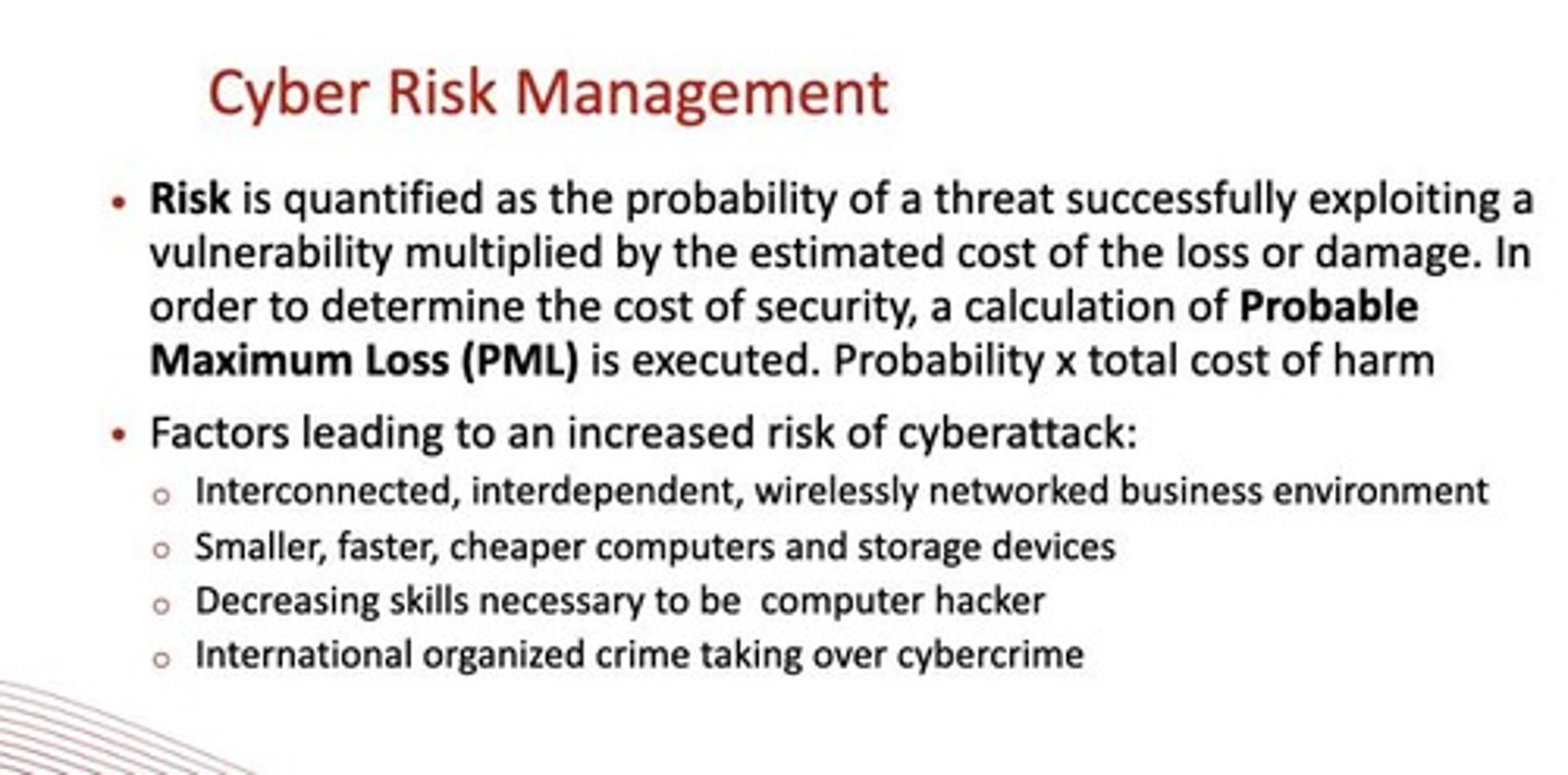 <p>Quantified as the probability of a threat successfully exploiting a vulnerability multiplied by the estimated cost of the loss or damage.</p>