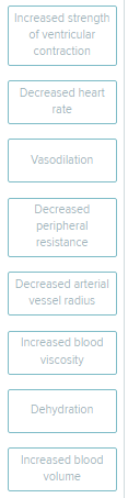 <p>Indicate&nbsp;whether each condition would increase or decrease arterial blood pressure, if all other factors remaining unchanged.</p><p><span style="font-size: inherit; font-family: inherit"><br></span></p>