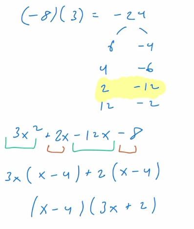 <p>what factors of a*c will add up to b; write out answers as b and factor out answer</p>