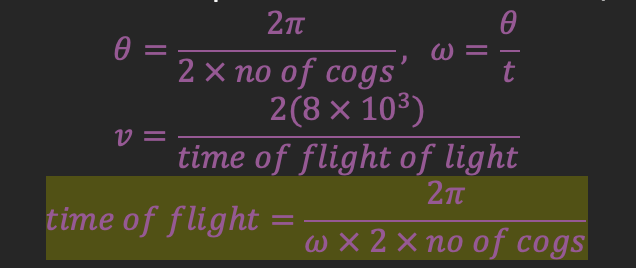 <ol><li><p>He reflected a beam of light on a mirror 8km away, so that when it returned on to a target, he replaced a rotating cogwheel in the path of light</p></li></ol><ol start="2"><li><p>Light must pass through the gap between the cogs to reach the mirror, so light could be seen from behind the cog</p></li><li><p>As the light travels to the mirror, the wheel continues to rotate</p><ol><li><p>If it rotates half a distance between the cogs in that time = the returning light is completely blocked → cannot be seen</p></li><li><p>If it rotates a full distance = the returning light will travel through the adjacent gap → can be seen</p></li></ol></li><li><p>He increased the rotational speed of the wheel until light was blocked</p></li><li><p>The calculated the time it took for the wheel to move half a space along from the rotational speed of the cog wheel, to give the time of flight</p></li><li><p>He measured the speed to be around 3.1x108m/s:</p></li></ol><p></p>