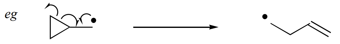 <p>driving force = relief of ring strain </p><p>forms alkene = reverse of radical addition </p>