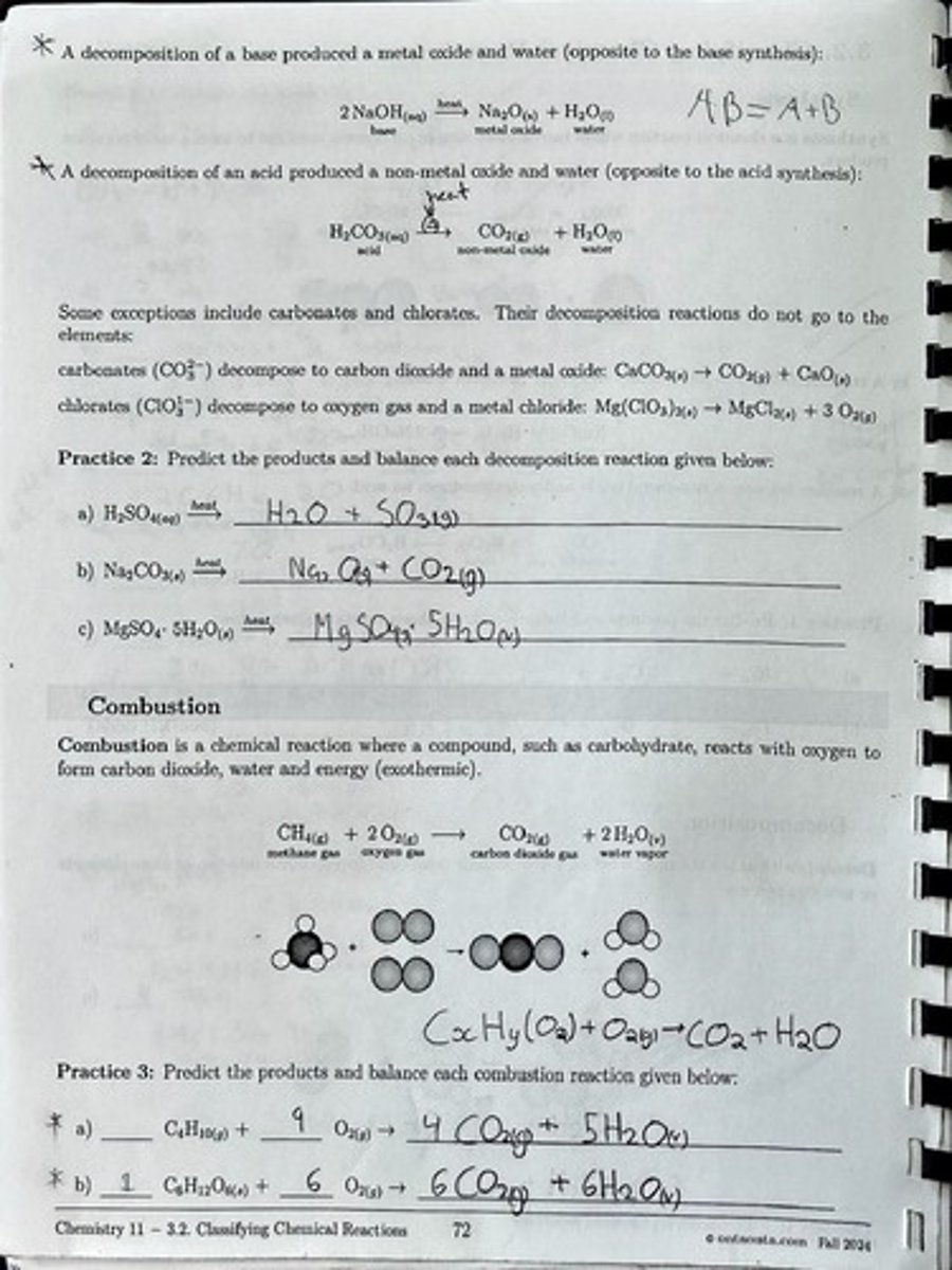 <p>A chemical reaction where a compound reacts with oxygen to form carbon dioxide, water, and energy (exothermic).</p>