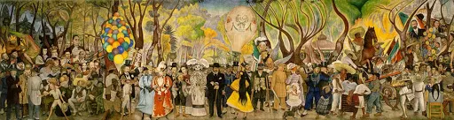 <ul><li><p><strong>ID:</strong> Diego Rivera, 1947–1948 CE, Fresco, Mexico</p></li><li><p><strong>Content:</strong> A panoramic scene of Mexican history, featuring figures like La Catrina, Rivera himself, and Frida Kahlo.</p></li><li><p><strong>Function:</strong> Tells Mexico’s complex history through a visual narrative.</p></li><li><p><strong>Context:</strong> Created during a time of national identity formation post-revolution.</p></li><li><p><strong>Form:</strong> Bright colors, smooth blending, historical figures arranged in layers.</p></li></ul><p></p>