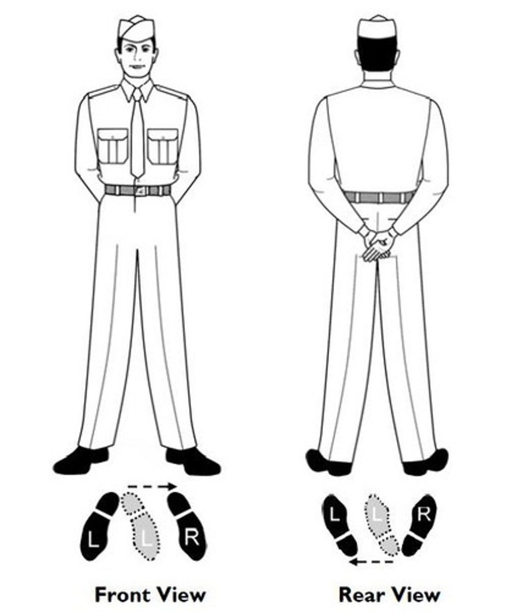 <p>The command is AT EASE. On the command AT EASE, airmen may relax in a standing position, but they must keep the right foot in place. Their position in the formation will not change, and silence will be maintained.</p><p>https://www.youtube.com/watch?v=onGybrxXSIs</p><p>0:55-1:15</p>