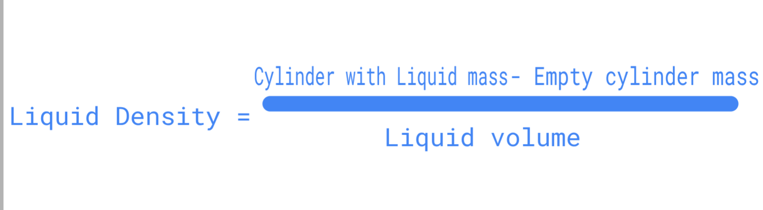 <p>(<span style="background-color: transparent;"><span>D = B-A/ V) Density = Cylinder with liquid mass - Empty cylinder mass / volume of liquid</span></span></p>