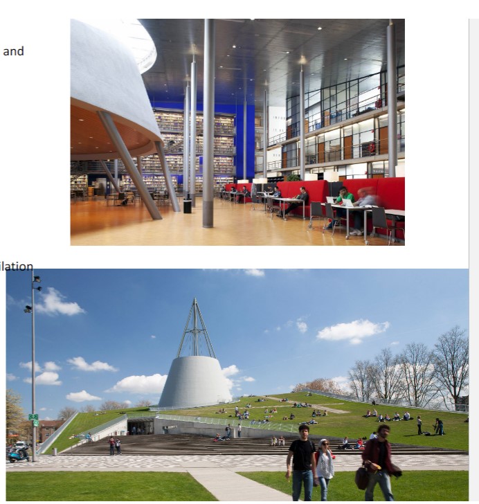 TU Delft Library
Sits opposite a concrete Brutalist building
Tilted lawn – creates spaces for the library underneath
A cone pierces the lawn and the library