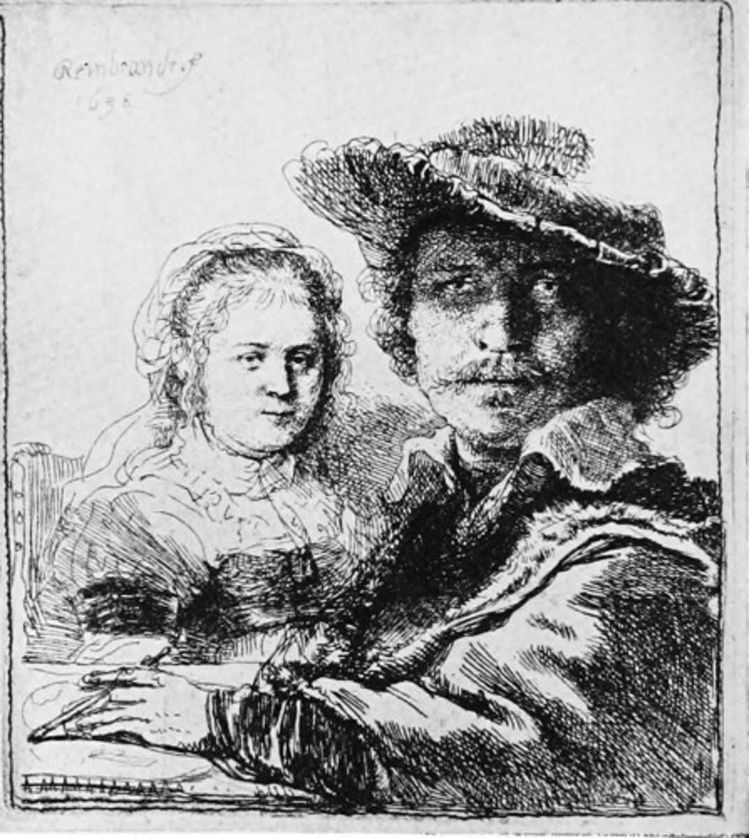 <p>Form:<br>-Dutch Baroque<br>-difference in emphasis on the figures<br>-exists in 3 different states<br>-rich tonal quality<br>-abrupt spatial construction<br>-etching (exposing metal)<br>-genre: private movement between husband and wife<br>-small scale<br>Content:<br>-Rembrandt and wife in historical clothing<br>-wife, Saskia died at the age of 30 (only piece he did of her)<br>-Rembrandt drawing his drawing<br>-exploring who he is<br>Function:<br>-self portrait/marriage portrait<br>-role playing<br>Context:<br>-Rembrandt 1636<br>-he is mostly a portrait maker<br>-Dutch, Amsterdam<br>-Dutch Baroque</p>