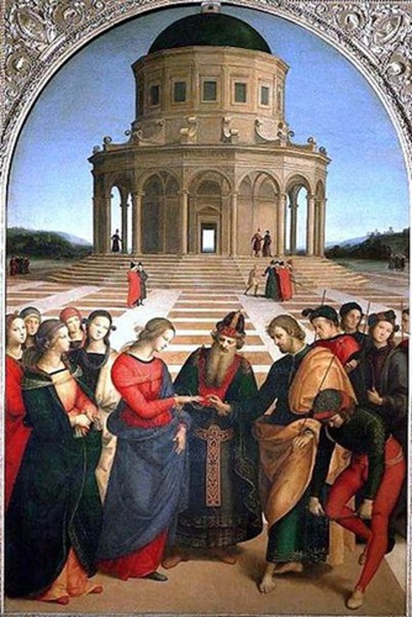 <p>Scroll down to check your work</p><p>Know the Artist, Title, and Why it symbolizes Renaissance art</p><p>Artist: Raphael</p><p>Title: The Marriage of the Virgin</p><p>Why the painting symbolizes Renaissance art: This painting uses perspective, which is a major landmark of Renaissance painting. It is a technique in which you create a sense of 3D depth on a 2D piece of artwork.</p>