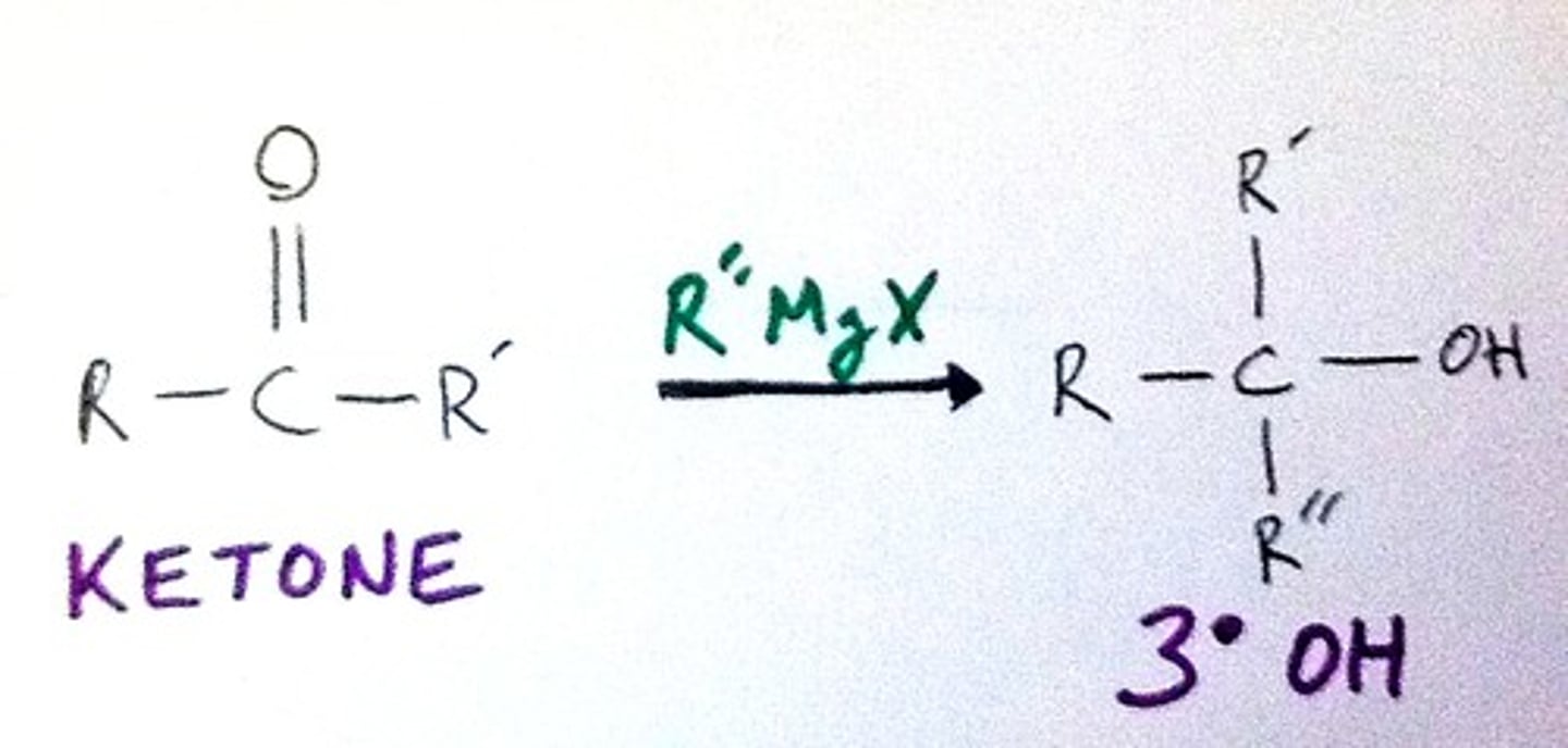 <p>R(delta-) - M(delta+)</p><p>Rxn of alkyl halide with Mg, Li, or Na (neutral) and alkyl halide (generally Cl, Br)</p><p>Assume 1 e- transfer</p><p>Regiospecfic: C:(-) forms at C(alpha)</p><p>Stereospecific: n/a, top and bottom add'n</p>