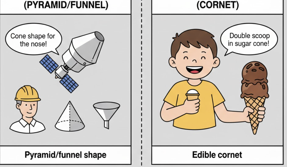 <ol><li><p><strong>(Hình học) a solid or hollow object which tapers from a circular or oval base to a point.</strong></p></li></ol><p>(hình nón, chóp nón)</p><ol start="2"><li><p><strong>a crisp, edible cone-shaped wafer used to hold ice cream; an ice-cream cone.</strong> </p></li></ol><p>(kem ốc quế, vỏ ốc quế)</p>