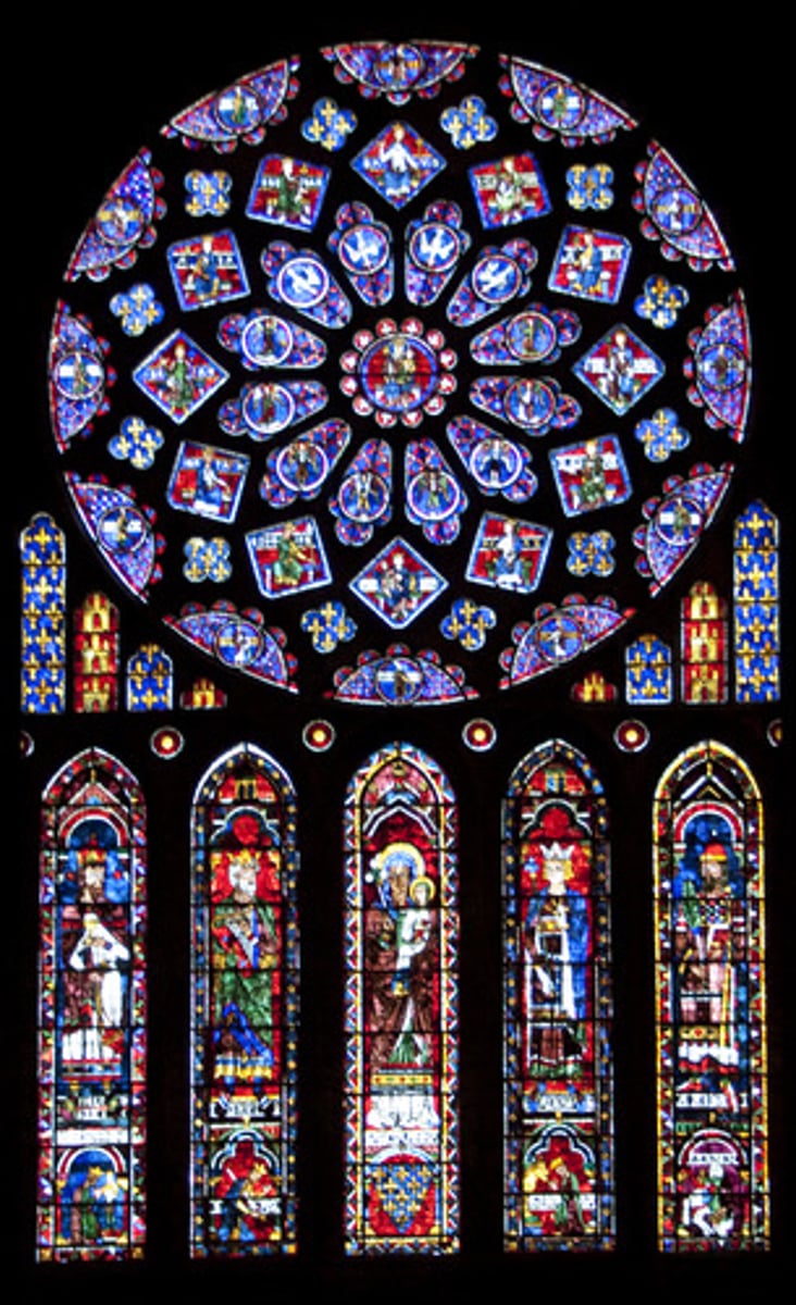 <p>Chartres, France; started in 1134, rebuilt in beginning of 1194 bc of a fire</p><p>Two different styles of towers [the left tower (west facade) is late gothic style while the right spire (east facade) is from late romanesque/early gothic style]</p><p>Mary's tunic in which she birthed Christ is located inside of the church; it was one of the surviving relics during the fire</p><p>The people of Chartres saw this as a sign that they should build an even more elaborate church in her honor</p><p>This church, unlike that of Sainte Foy's has a rib vaulted nave while the latter has a barrel vaulted nave</p><p>Romanesque churches → groin vaulting</p><p>Gothic churches → ribbed vaulting</p><p>Has a round rose window that uses plate tracery (later will use bar tracery which is thinner, more delicate); this is very common of gothic architecture</p>