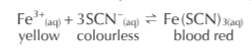 <p>Mixing iron (III) nitrate (yellow) and potassium thicynate (colourless) results in a reversible reaction where the product is iron (III) thiocyanate (blood red). The equilibrium mixture is a reddish colour, you can investigate what happens to the equilibrium position when the concentration of reactants or products are changed by monitoring the colour of the solution. How?</p>